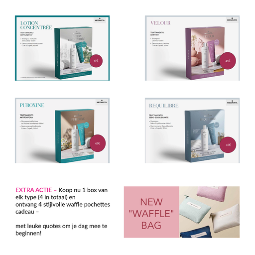 PROMO: Medavita Extra Actie Op Bundle Shampoo 400ml + Hair &amp; Scalp Cream 150ml -Koop 1 box van elk type en Ontvang 4 Waffle Pochettes