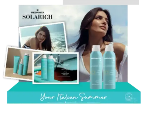 Promo: Medavita Solarich Sun Body Mist Spray  3 x SPF30 + 3 x SPF50 + 3 waffle bag + Display 